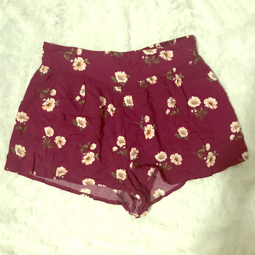 Burgundy Boho Midrise Floral Print Shorts